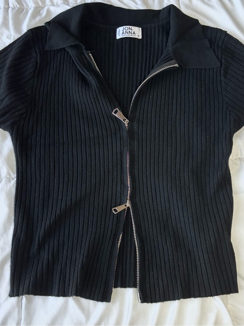 Jon & Anna Black Ribbed Short-Sleeve Zip Cardigan Top